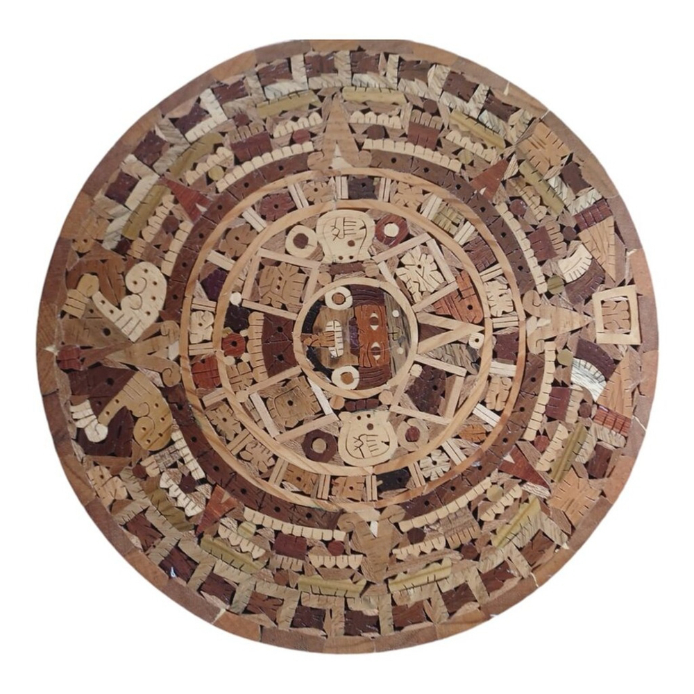 Vintage Aztec Mayan Calendar Mexico Inlaid Wall Hanging 11” Solid Wood